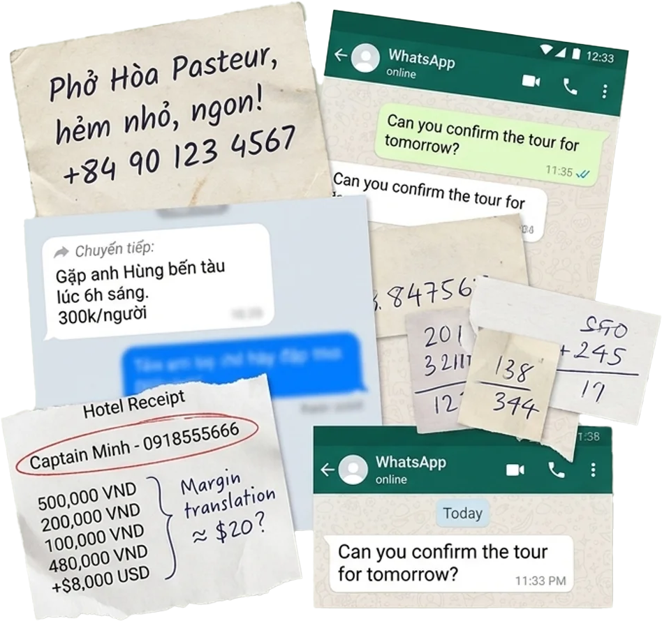 Paper notes, hotel receipts, and untranslated chat threads: how these bookings happen today